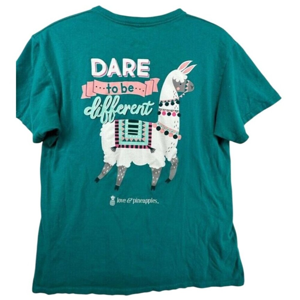Love & Pineapples Womens TShirt M Teal Llama "Dare to Be Different" Double-Sided